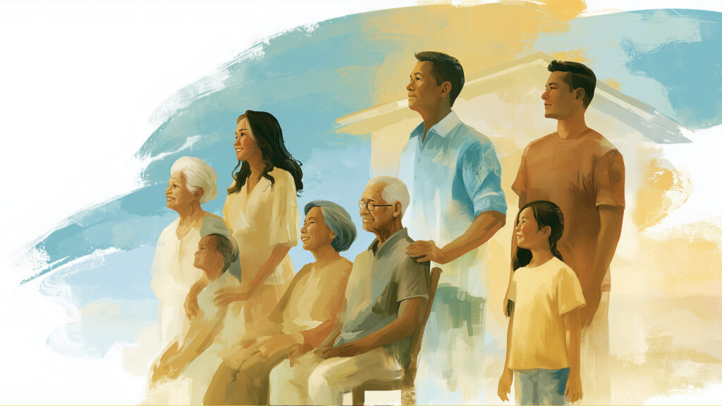 Watercolor painting of a multigenerational Asian family