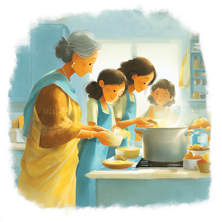 Watercolor painting of an Indian family cooking together