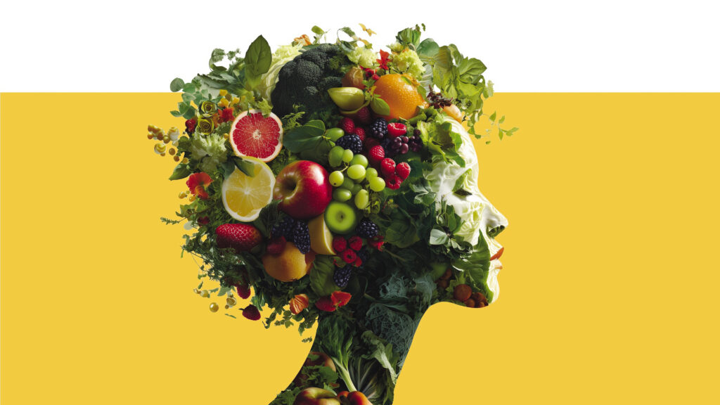 Abstract representation of nutrition in the form of a woman's head made of produce