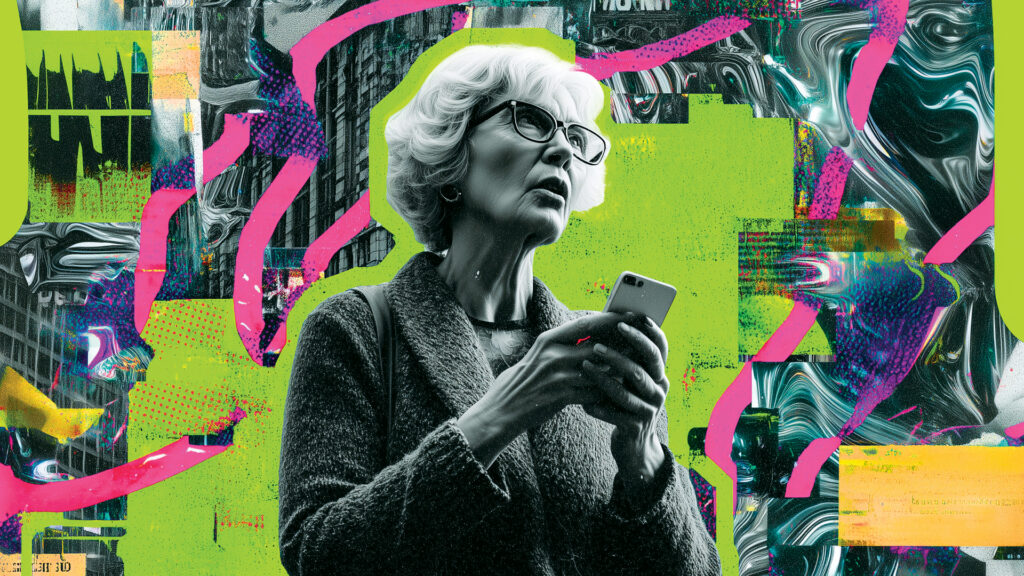 Photo collage of senior woman holding a cell phone in a hypnotic state. Representation of tech screen addiction