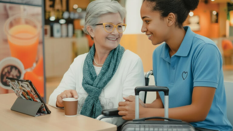 Senior woman sits comfortably having a coffee at an airport with a travel nurse.