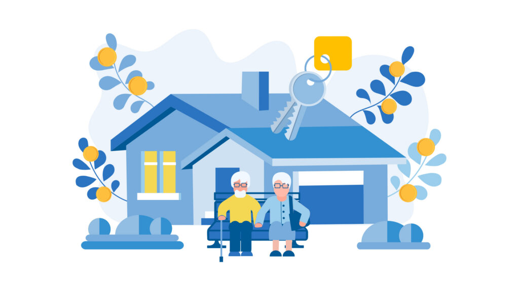 Illustration of a senior couple standing outside of their house.