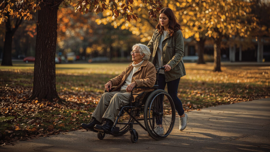 A woman walks through a park with a senior in a wheelchair.