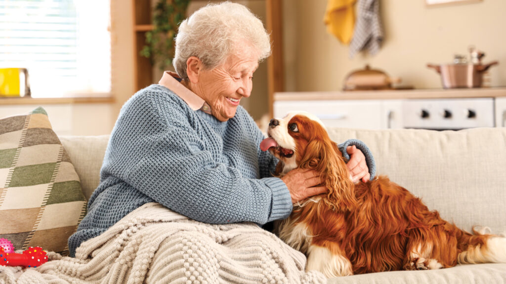 Portrait of a senior woman seated on a couch with her pet dog.