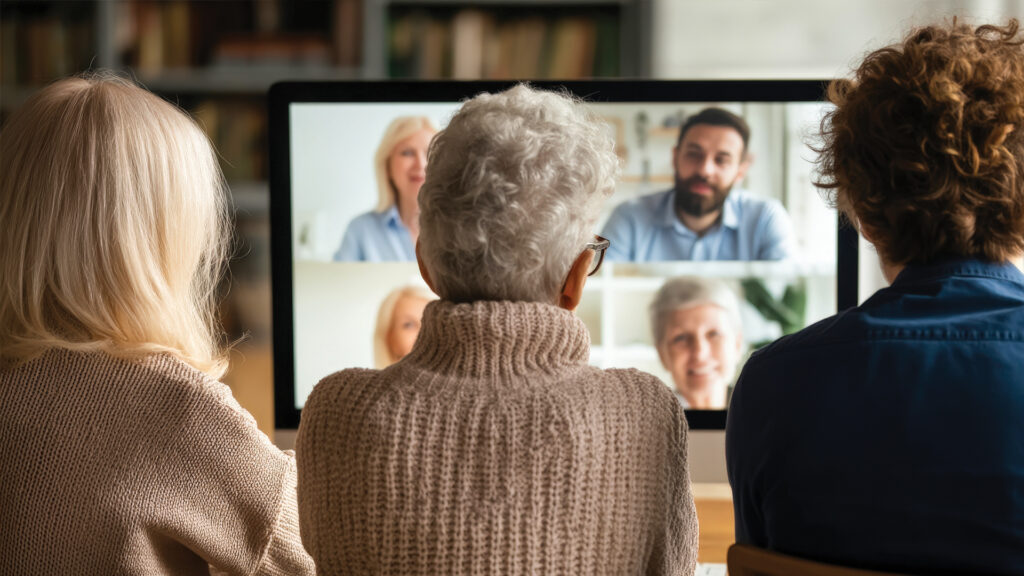 A senior woman sites in her living room with two adult children. They are on a video conference call with other siblings.
